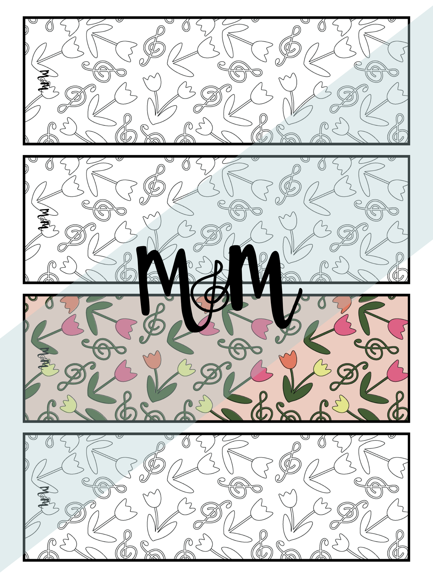 Decorative design with floral and musical note patterns.