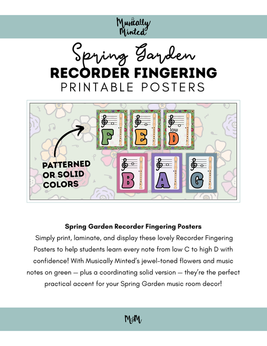 Spring Garden: Recorder Fingering Posters DIGITAL DOWNLOAD