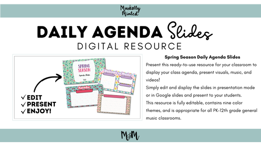 Advertisement for 'Daily Agenda Slides' digital resource with colorful agenda templates and branding.