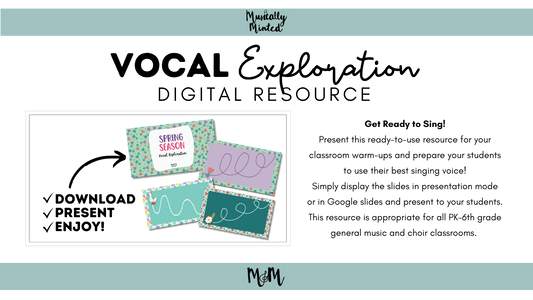 Digital resource for vocal exploration with colorful cards and promotional text.