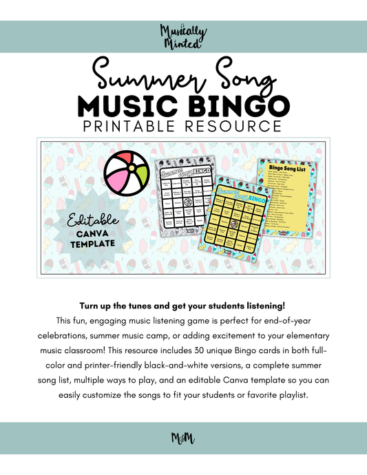 Summer Song Bingo | Printable Music Class Activity | Editable Bingo Cards & Playlist Included DIGITAL DOWNLOAD