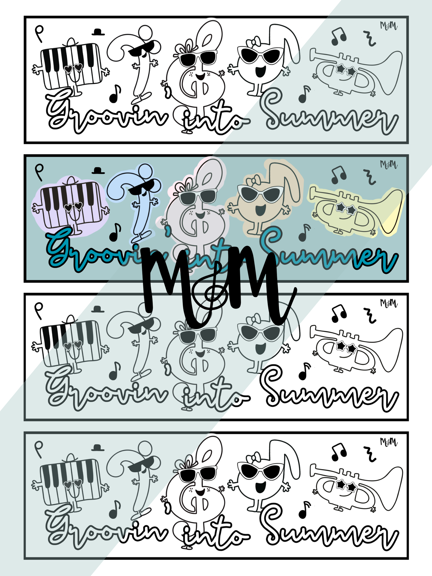 Set of four decorative bookmarks with musical notes, sunglasses, and the text 'Groovin' into Summer' on a white background.