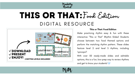 Digital resource for music education titled 'This or That: Food Edition' with text and graphics on a white background.