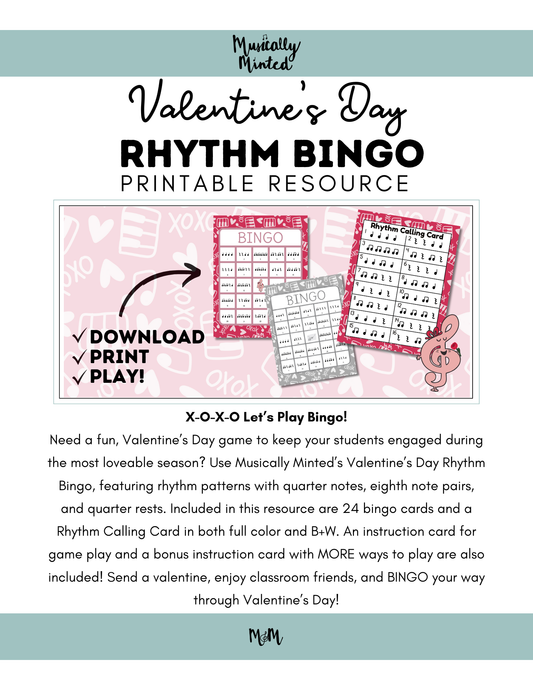 Valentines Day Rhythm Bingo | Printable Music Class Activity DIGITAL DOWNLOAD