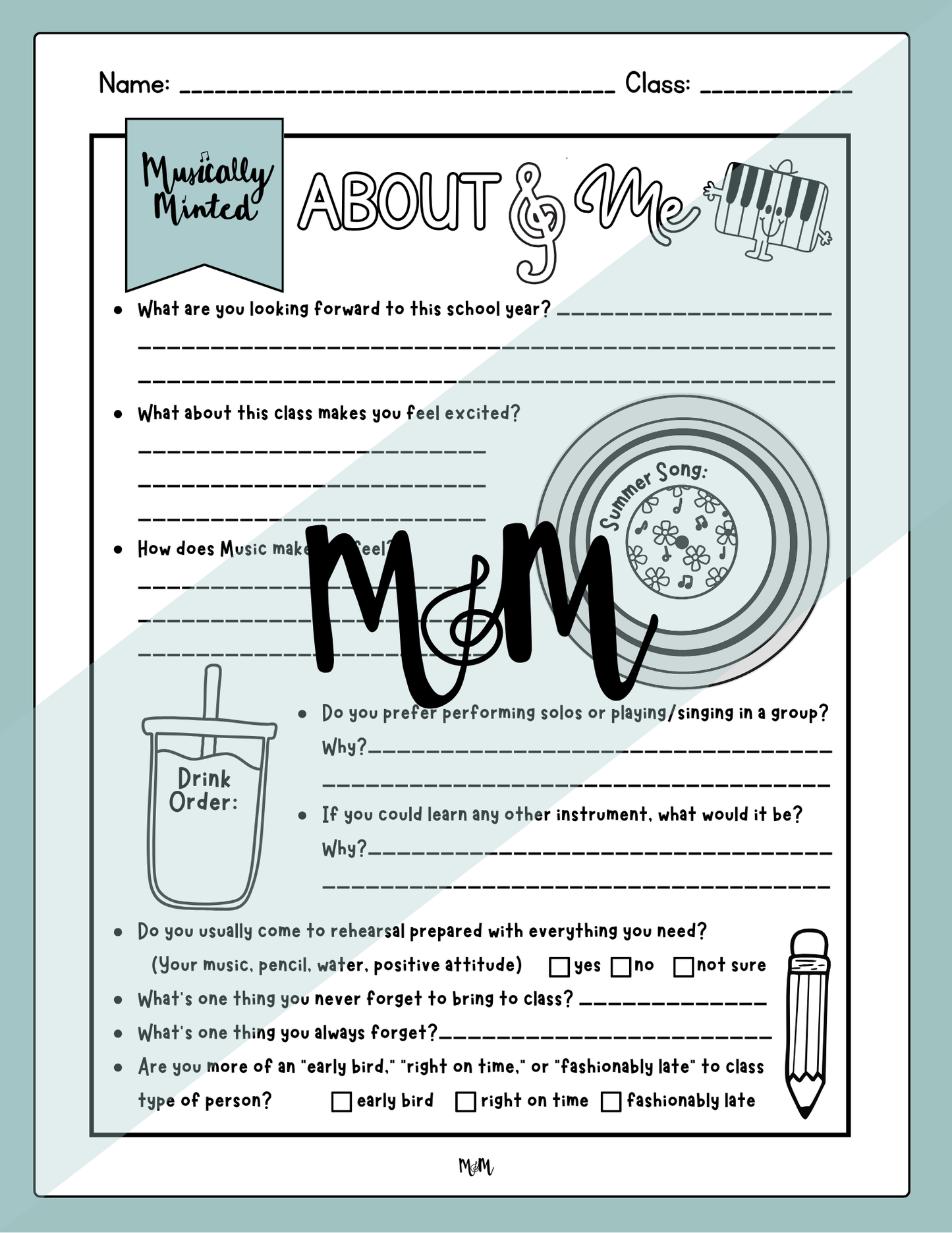 Welcome Back to Music: About Me Worksheet DIGITAL DOWNLOAD