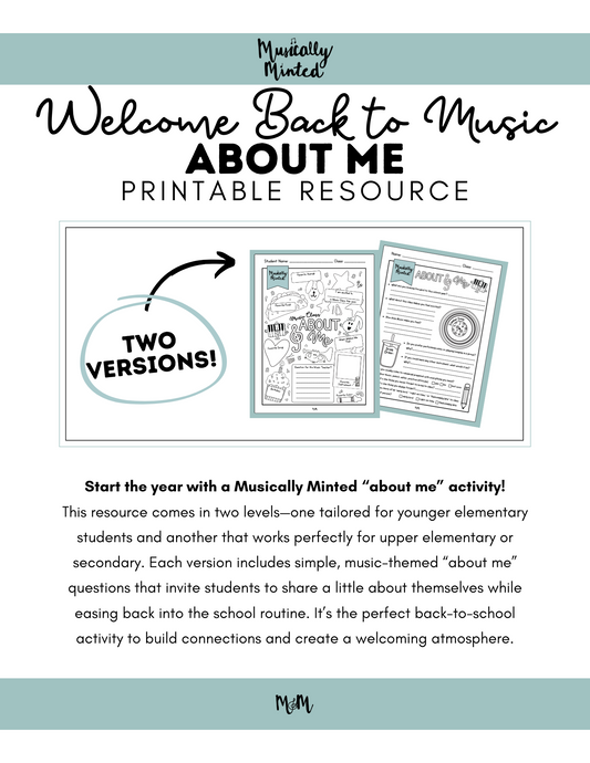 Welcome Back to Music: About Me Worksheet DIGITAL DOWNLOAD