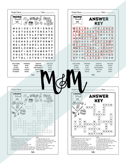 Welcome Back to Music | Word Search & Crossword Set | Music Class Worksheet DIGITAL DOWNLOAD