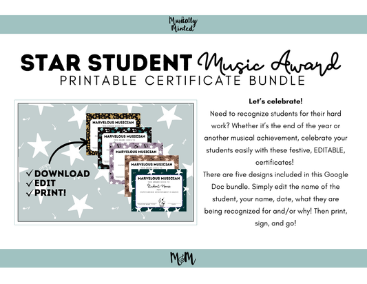 Musically Minted: Star Student Music Award Certificates | End of the Year Award DIGITAL DOWNLOAD