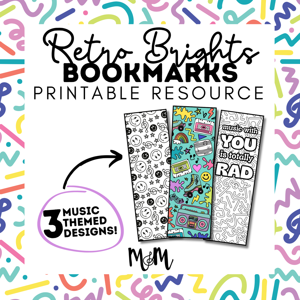Retro Brights Printable Music Bookmarks | Printable Coloring Activity DIGITAL DOWNLOAD