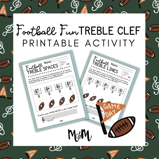 Football-themed treble clef printable activity sheets with football and music note pattern.