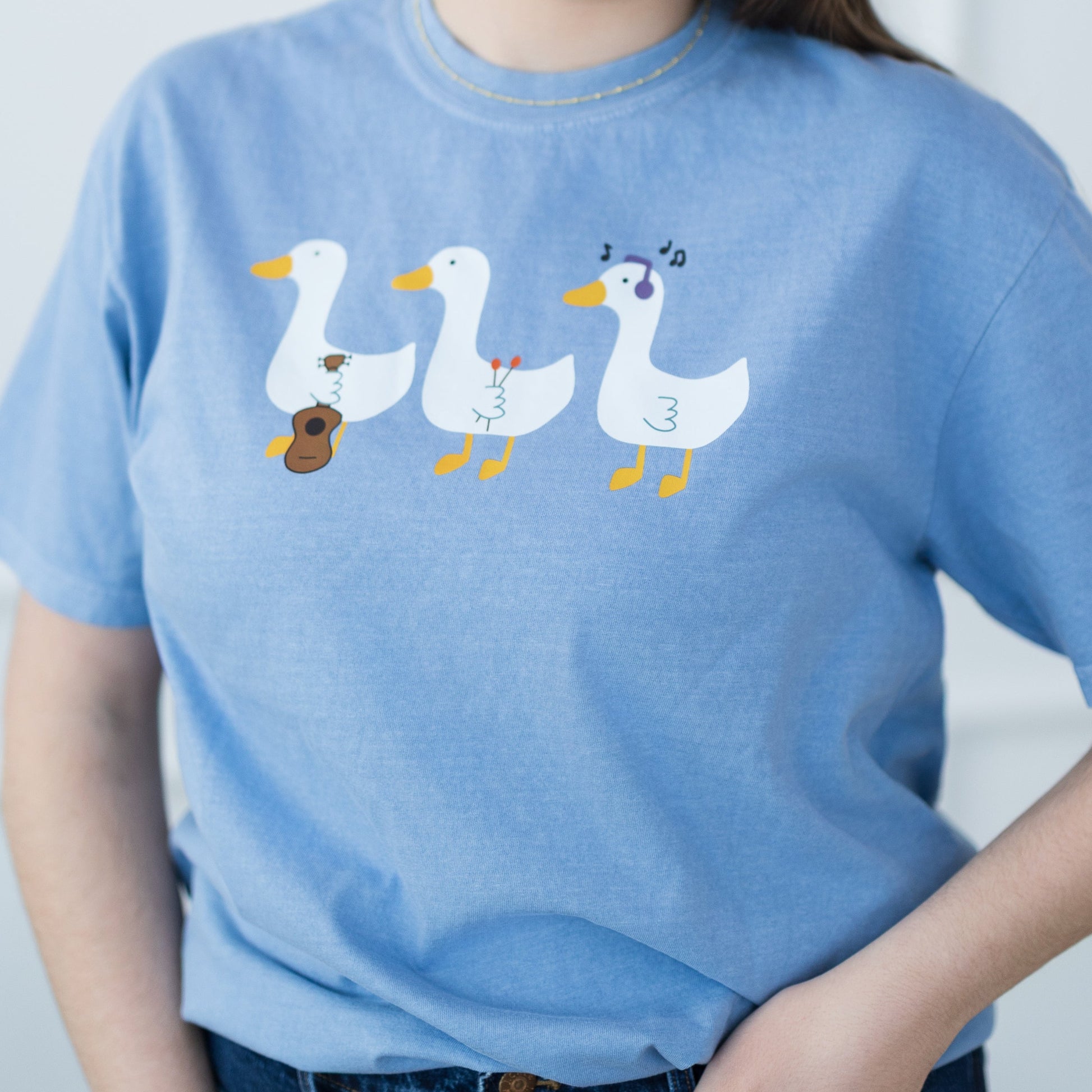 Person wearing a plain blue t-shirt with cartoon ducks on a white background