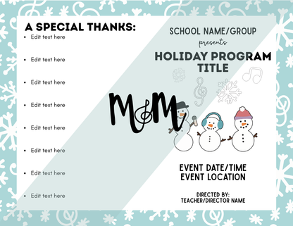 Holiday & Winter Concert Program Templates | Editable Canva Template DIGITAL DOWNLOAD