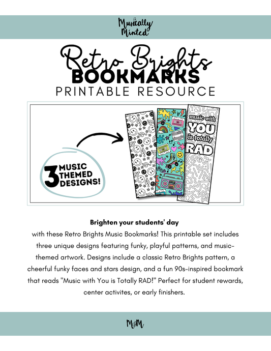 Retro Brights | Music Bookmarks | Printable Coloring Activity DIGITAL DOWNLOAD
