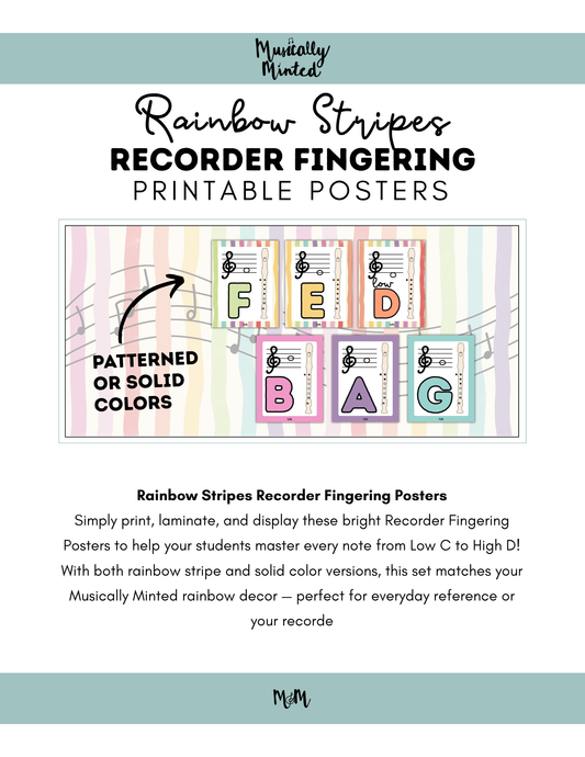 Rainbow Stripes: Recorder Fingering Posters DIGITAL DOWNLOAD