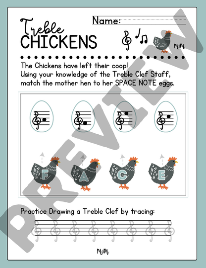 Treble Chickens: Treble Clef Lines & Spaces Printable Activity Music Worksheet DIGITAL DOWNLOAD