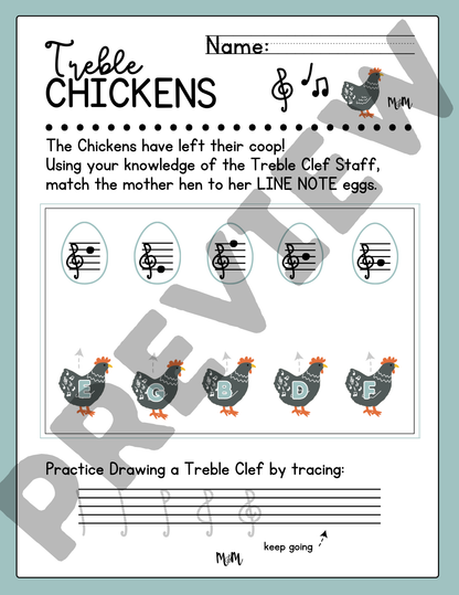 Treble Chickens: Treble Clef Lines & Spaces Printable Activity Music Worksheet DIGITAL DOWNLOAD