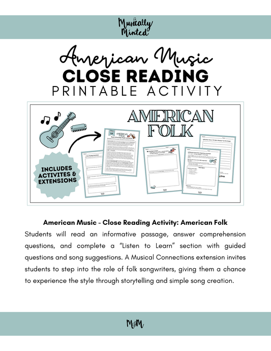 American Folk | Close Reading Worksheet Listening Activity & Music Extension | Unit | DIGITAL DOWNLOAD