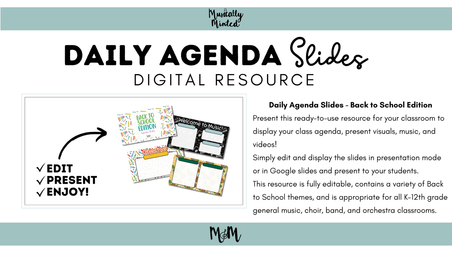 Back to School | Daily Agenda Slides | Music Classroom DIGITAL RESOURCE