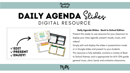 Back to School | Daily Agenda Slides | Music Classroom DIGITAL RESOURCE