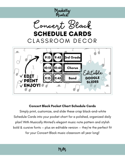 Concert Black: Pocket Chart Schedule Cards DIGITAL DOWNLOAD