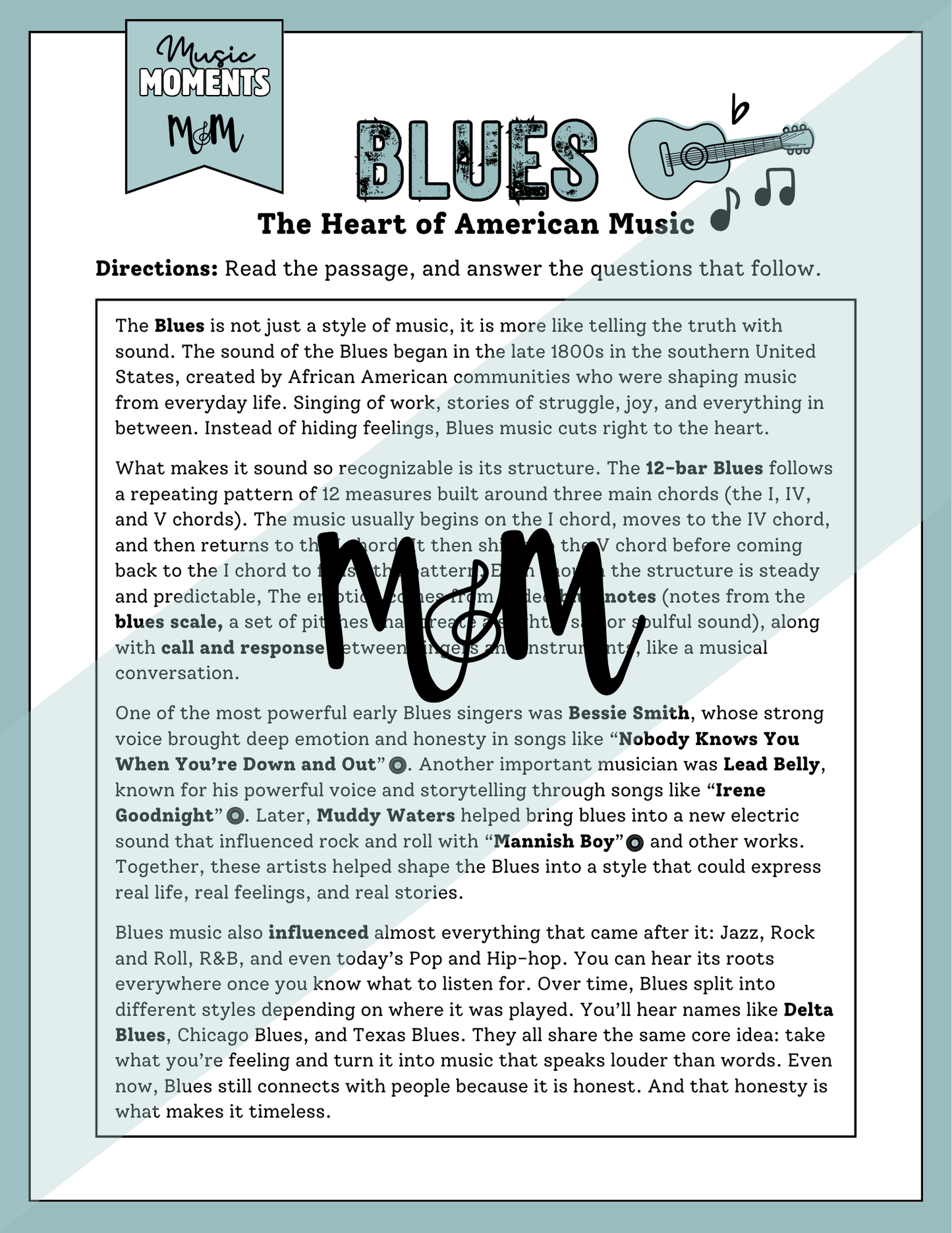 Blues | Close Reading, Listening Activity & 12 Bar Blues Musical Connection | Unit | DIGITAL DOWNLOAD