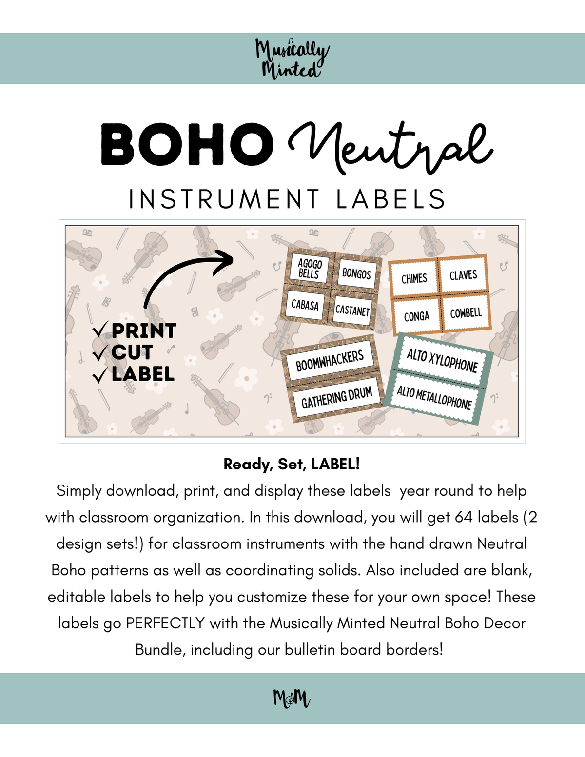 Text Label For Instrument Boho Neutral: Instrument Labels DIGITAL DOWNLOAD – Musically Minted