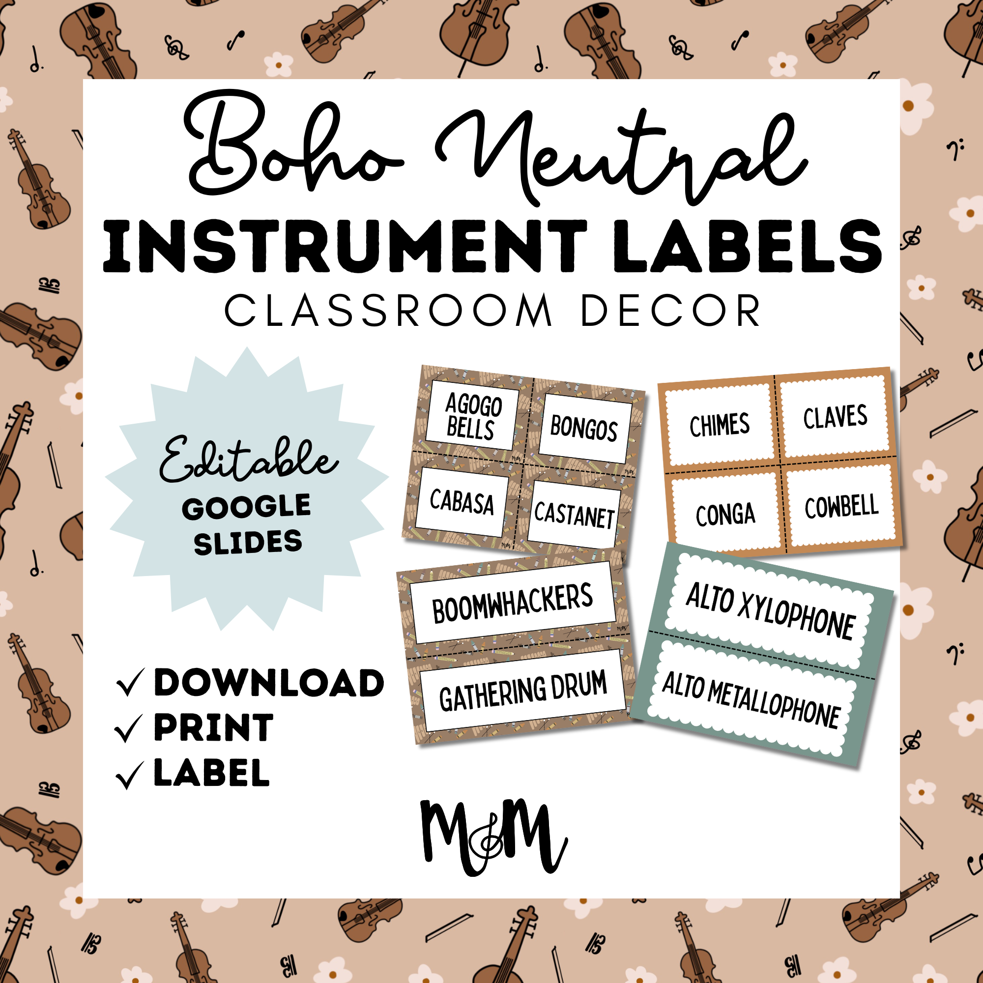Text Label For Instrument Boho Neutral: Instrument Labels DIGITAL DOWNLOAD – Musically Minted