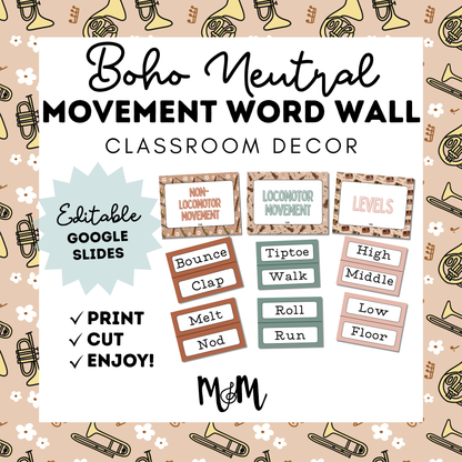 Boho Neutral: Movement Word Wall Cards DIGITAL DOWNLOAD