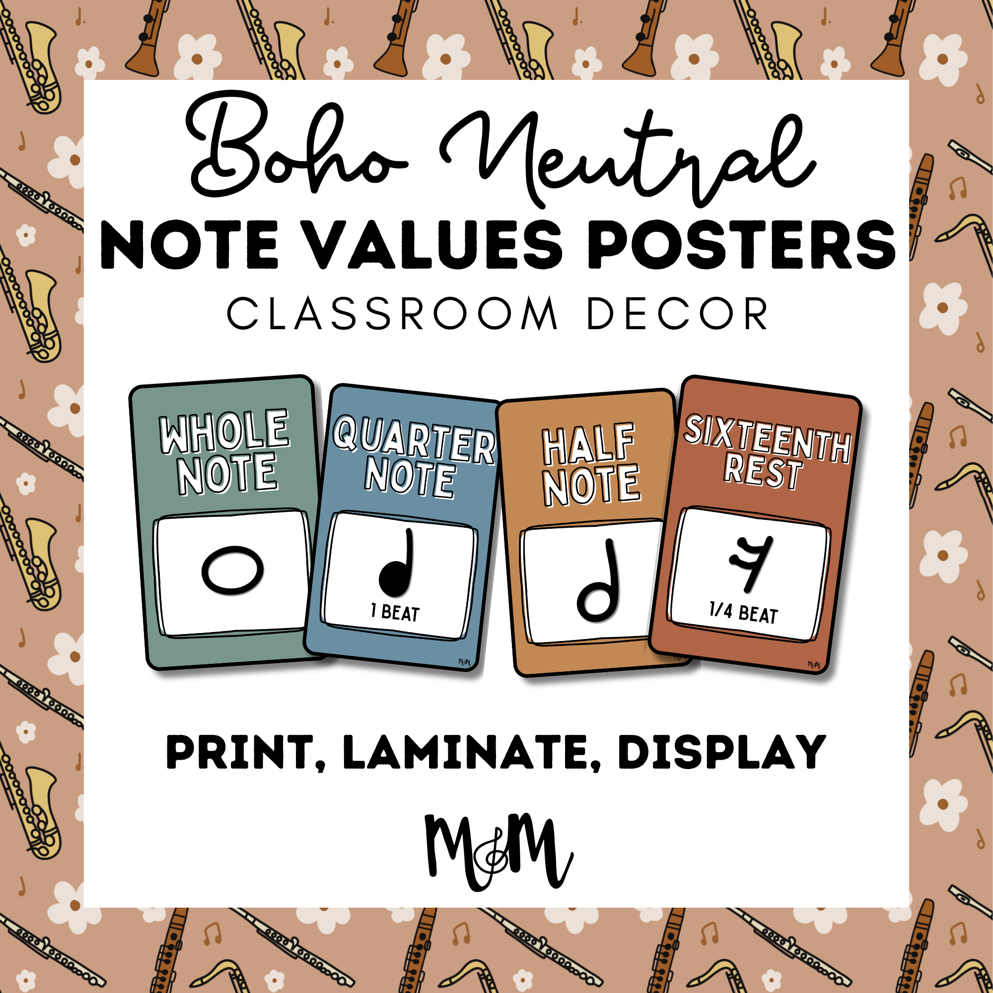 Boho Notes Boho Neutral: Note Values Posters DIGITAL DOWNLOAD – Musically Minted