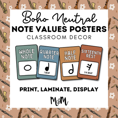 Boho Neutral: Note Values Posters DIGITAL DOWNLOAD
