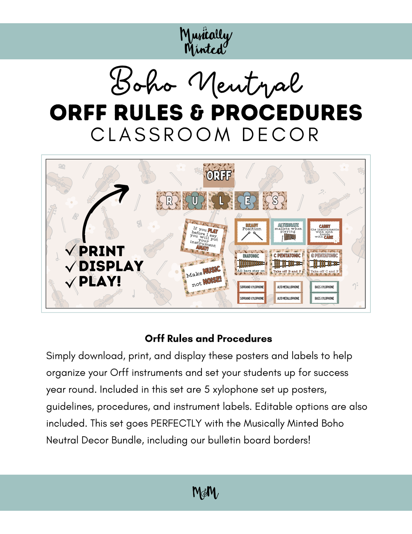 Boho Neutral: Orff Rules & Expectations Posters | Music Room Decor