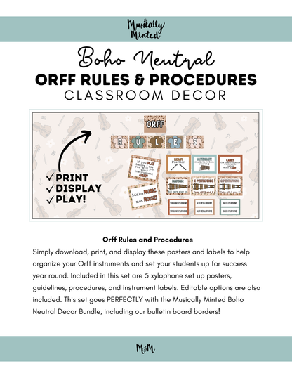 Boho Neutral: Orff Rules & Expectations Posters | Music Room Decor