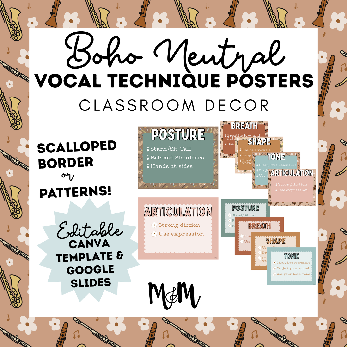 Boho Neutral: Vocal Technique Posters | Music Classroom Decor
