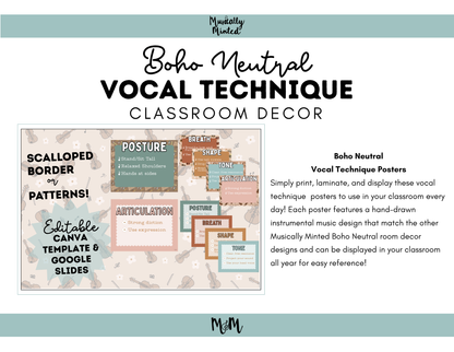 Boho Neutral: Vocal Technique Posters | Music Classroom Decor