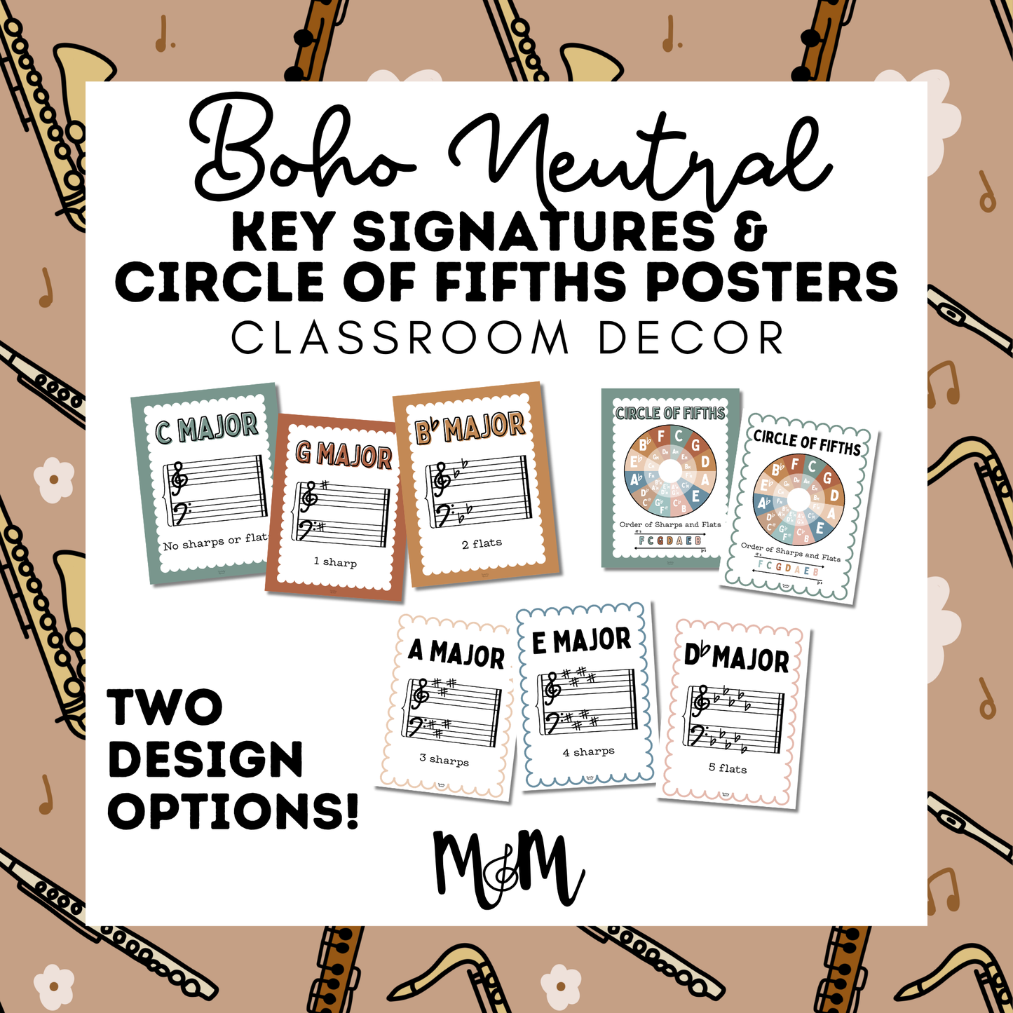 Boho Neutral: Circle of Fifths & Key Signature Posters | Music Decor