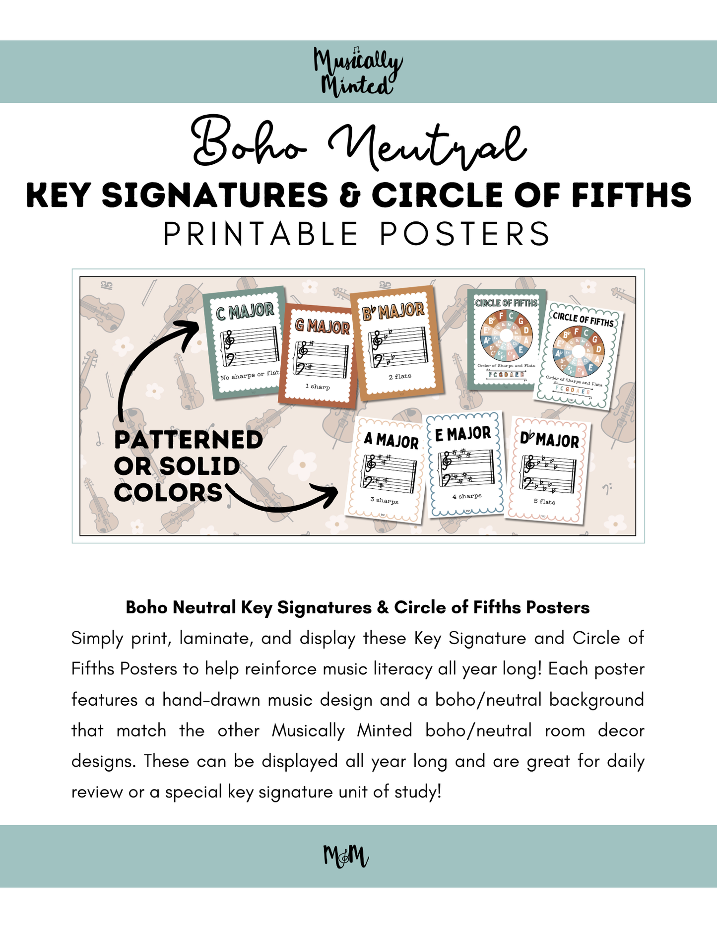 Boho Neutral: Circle of Fifths & Key Signature Posters | Music Decor