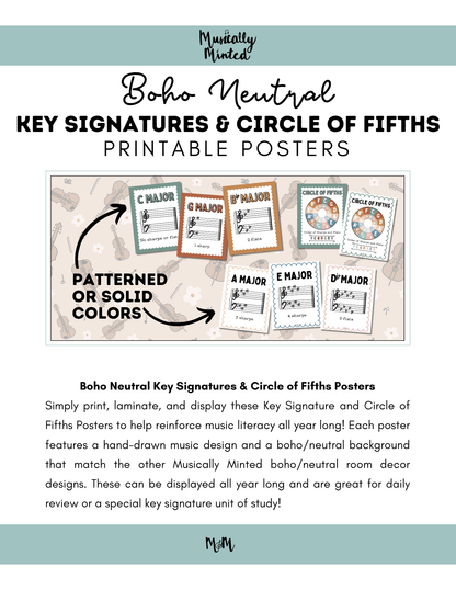 Boho Neutral: Circle of Fifths & Key Signature Posters | Music Decor