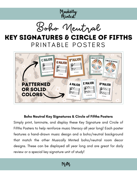 Boho Neutral: Circle of Fifths & Key Signature Posters | Music Decor