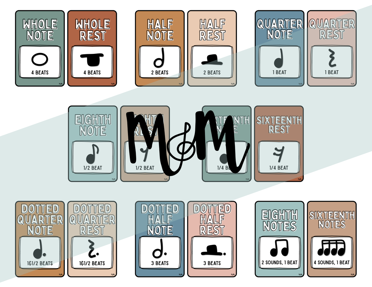 Note Value Color Boho Neutral: Note Values Posters DIGITAL DOWNLOAD – Musically Minted