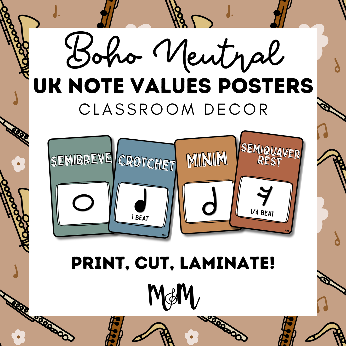 Boho Neutral: UK Note Values Posters | UK Music Terms | Music Classroom Decor