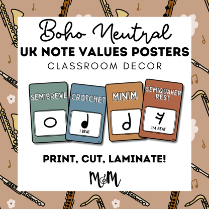 Boho Neutral: UK Note Values Posters | UK Music Terms | Music Classroom Decor