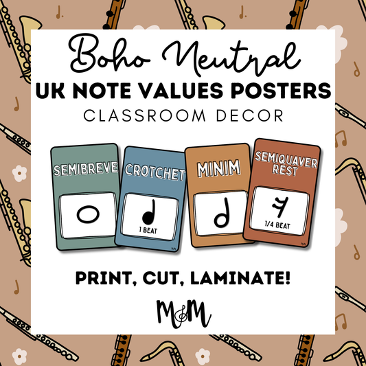 Boho Neutral: UK Note Values Posters | UK Music Terms | Music Classroom Decor