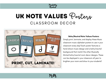 Boho Neutral: UK Note Values Posters | UK Music Terms | Music Classroom Decor