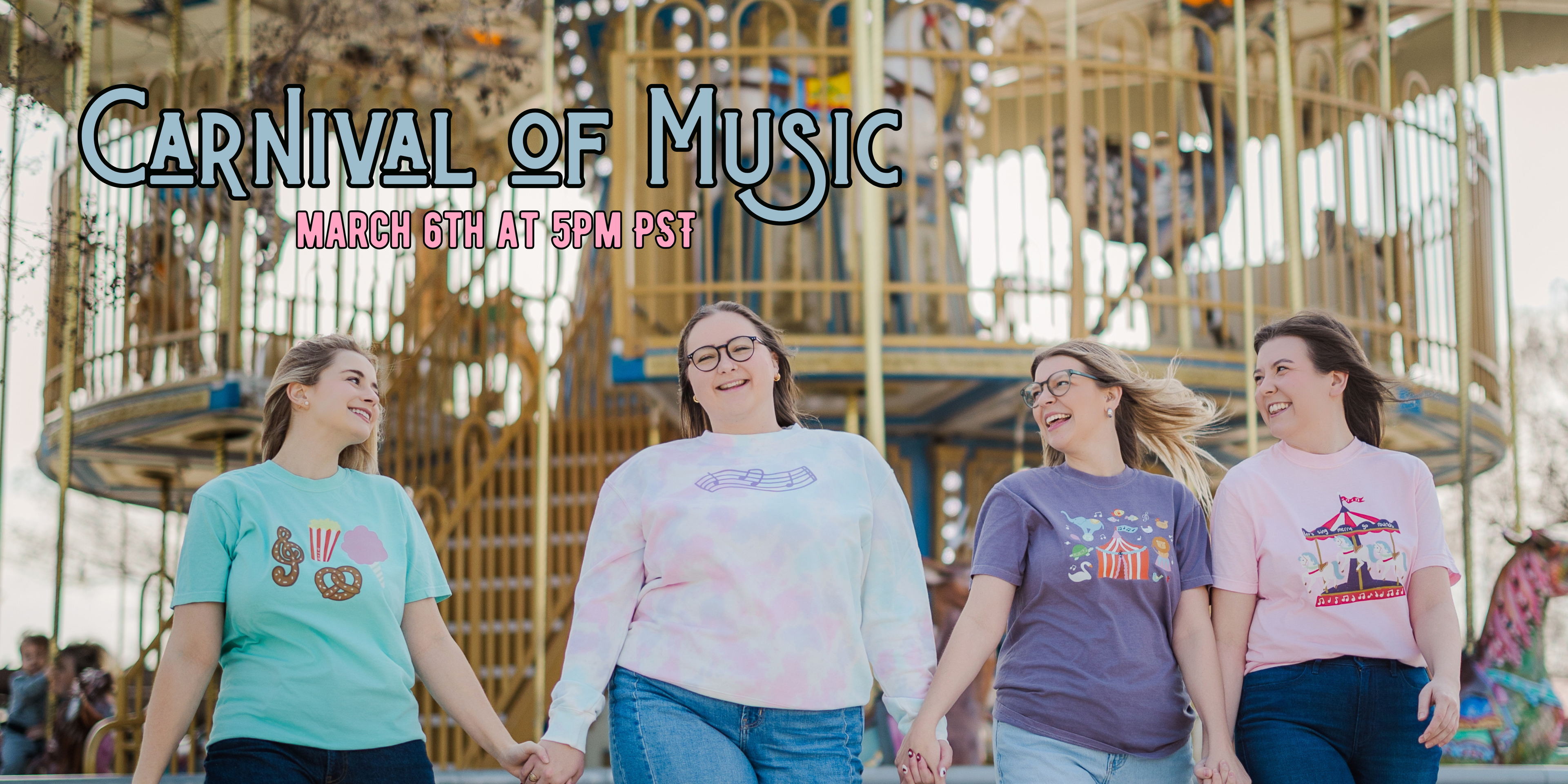 Four people walking together with a carnival background and 'Carnival of Music' text.