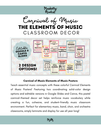 Carnival of Music: Elements of Music Posters | Printable Music Classroom Decor