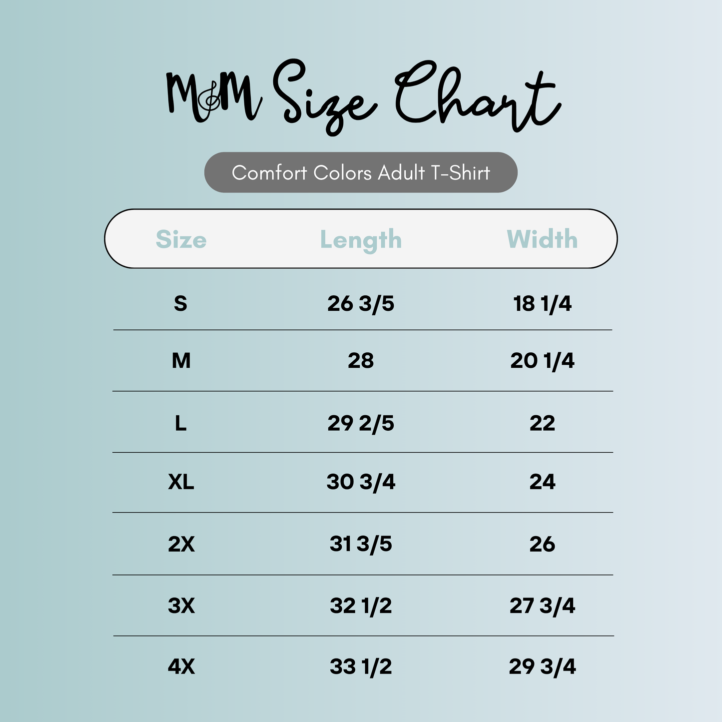 Size chart for Comfort Colors Adult T-Shirts on a light blue background
