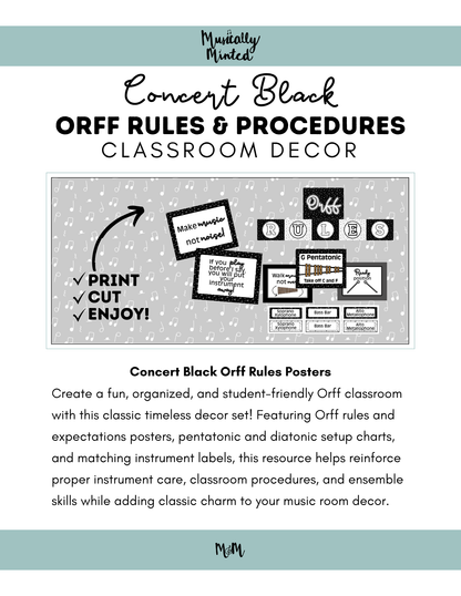 Concert Black: Orff Rules & Expectations Posters | Music Room Decor
