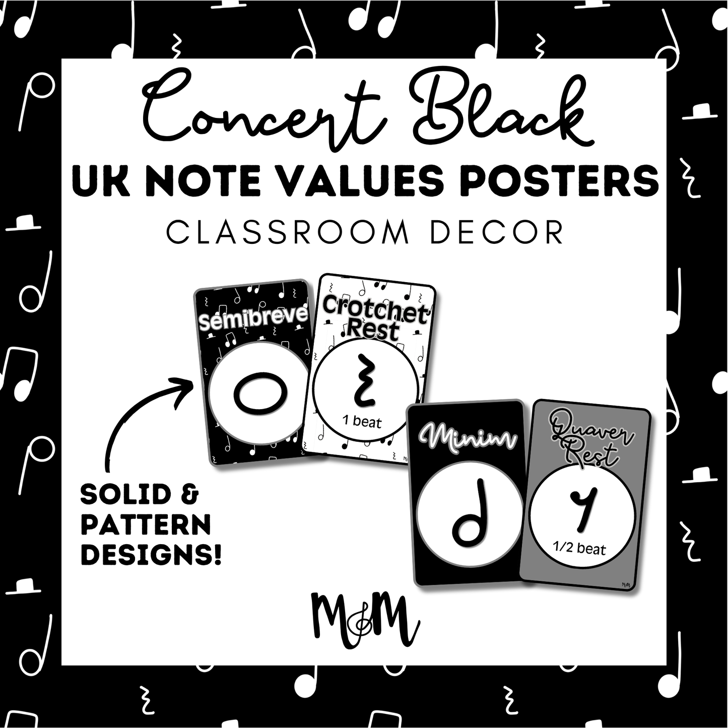 Concert Black: UK Note Values Posters | UK Music Terms | Music Classroom Decor