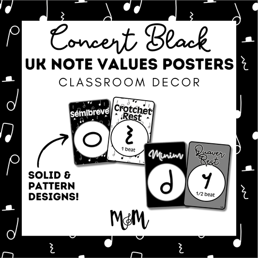 Concert Black: UK Note Values Posters | UK Music Terms | Music Classroom Decor