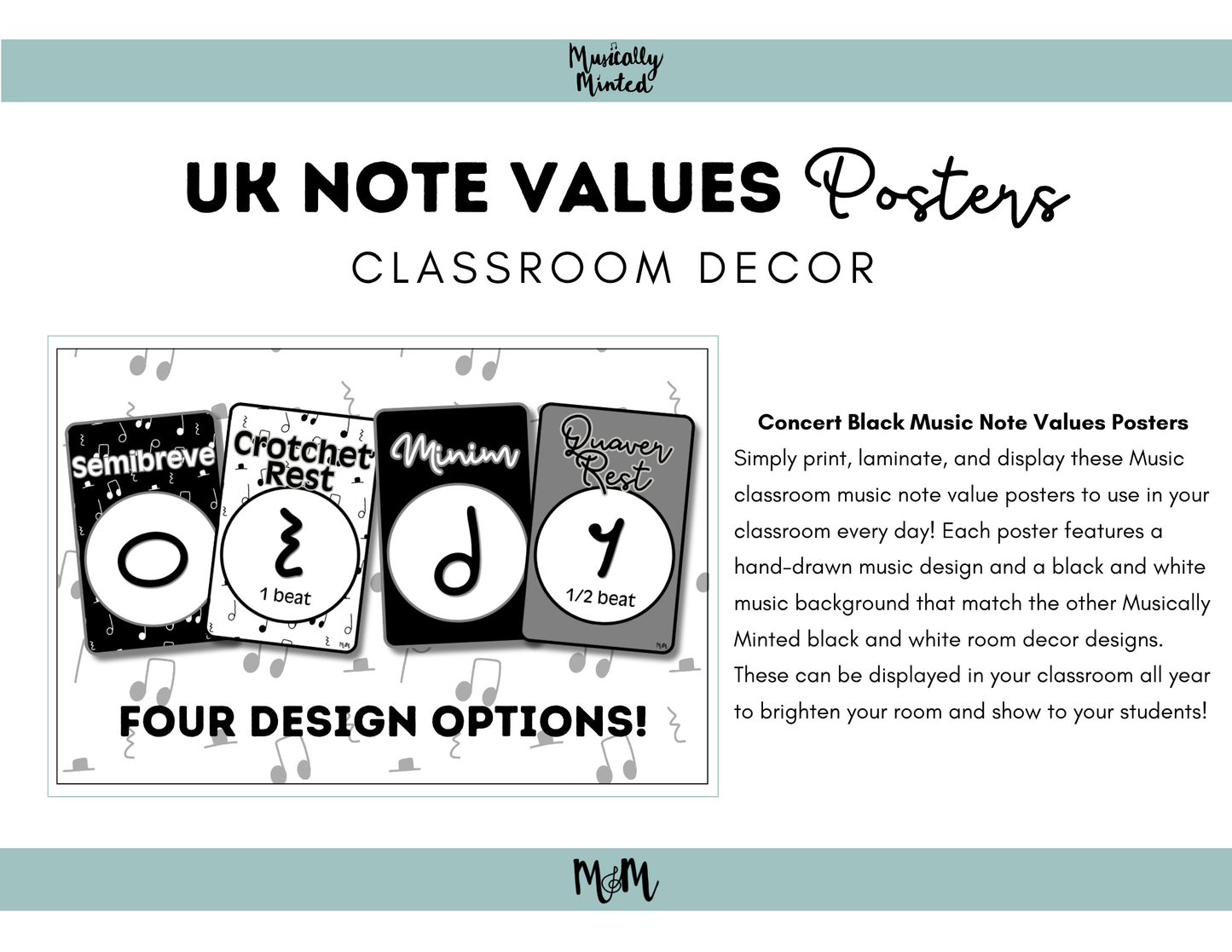 Concert Black: UK Note Values Posters | UK Music Terms | Music Classroom Decor